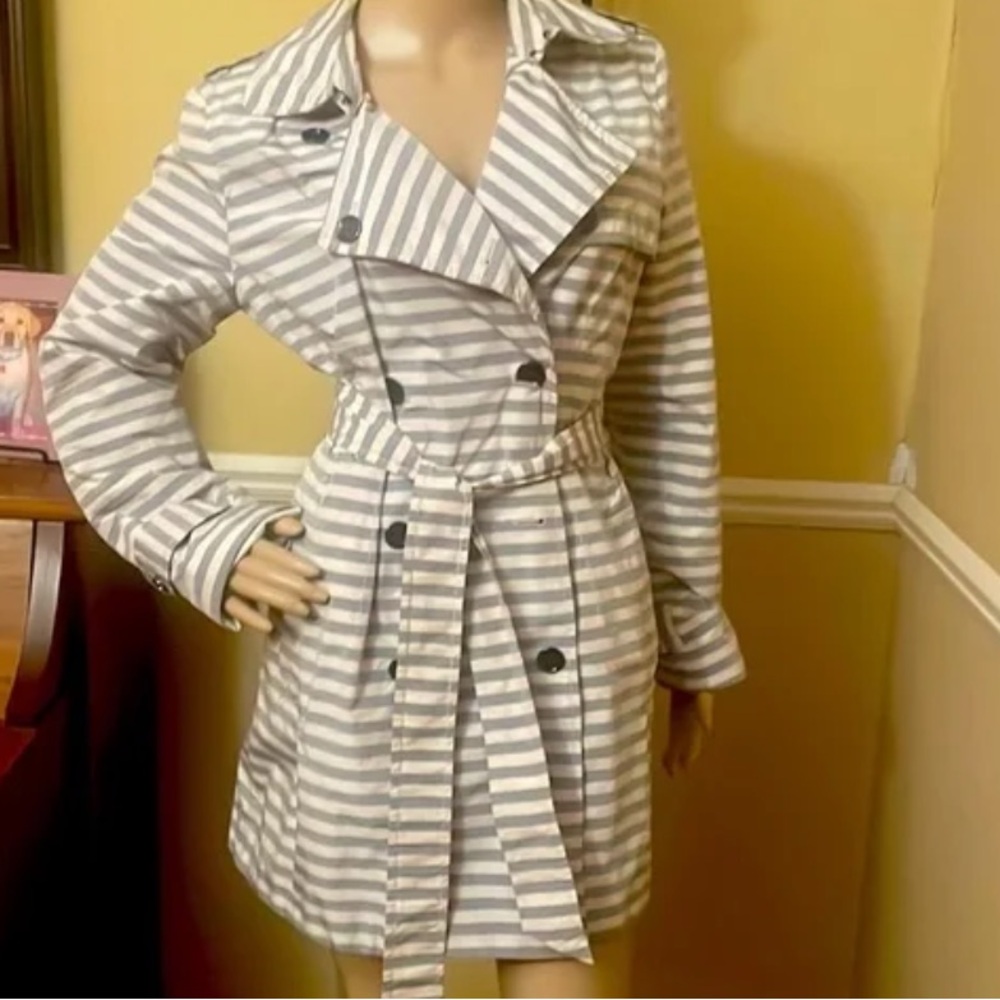 Banana Republic Striped White and Gray Trench Coat